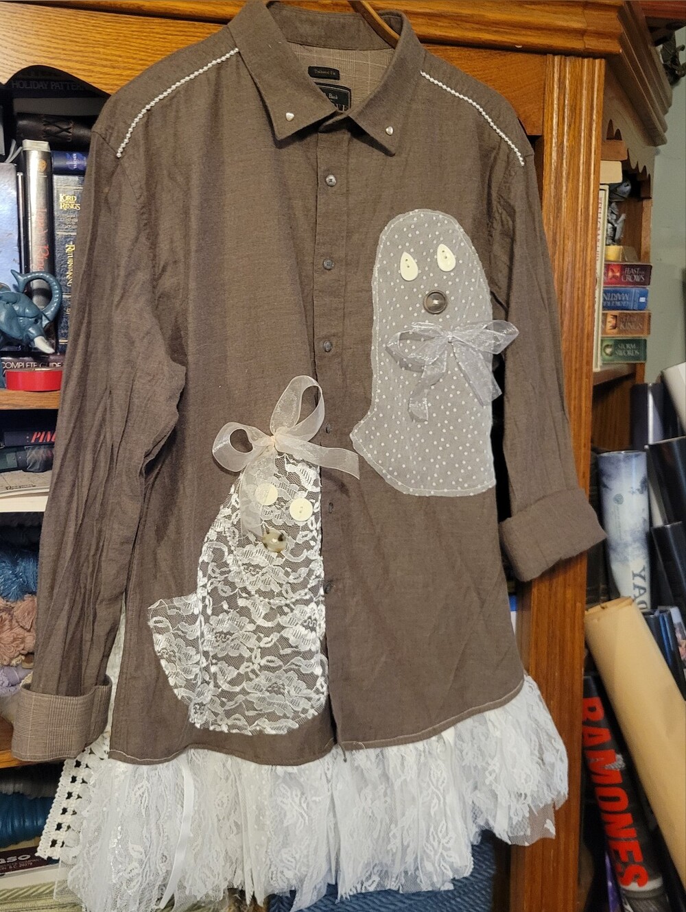 Upcycle Button Up Flannel Jacket Dress XXL Lace Ruffle Boy&Girl Ghosts Pearls